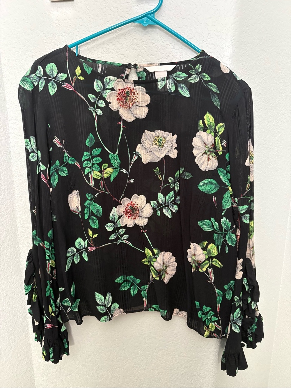 H&M Black Floral Long-Sleeve Blouse with Green Leaves